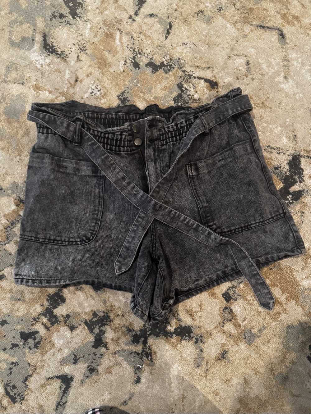 Paperbag High-Rise Washed Black Denim Shorts with Tie Waist